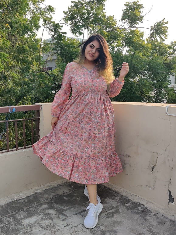 Peach Blossom Hand Block printed Tier Dress with Pintuck Sleeve Detailing