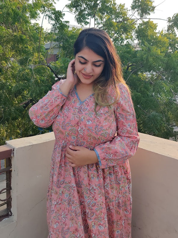 Peach Blossom Hand Block printed Tier Dress with Pintuck Sleeve Detailing
