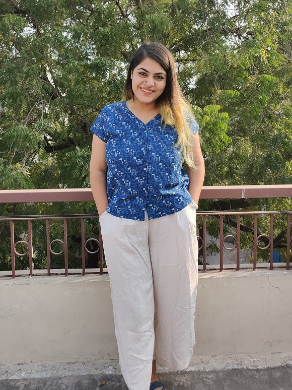 Indigo Camel Dabu Hand Block Printed Shirt