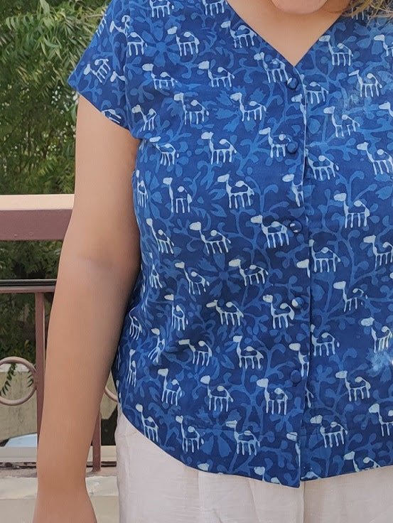 Indigo Camel Dabu Hand Block Printed Shirt