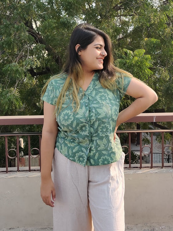 Green Floral Dabu Hand Block Printed Shirt