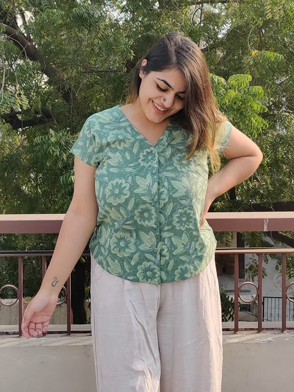 Green Floral Dabu Hand Block Printed Shirt