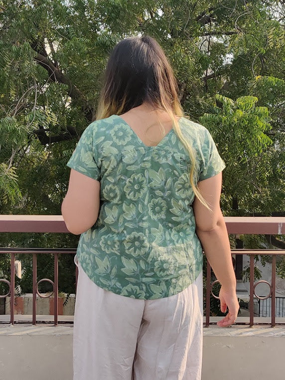 Green Floral Dabu Hand Block Printed Shirt