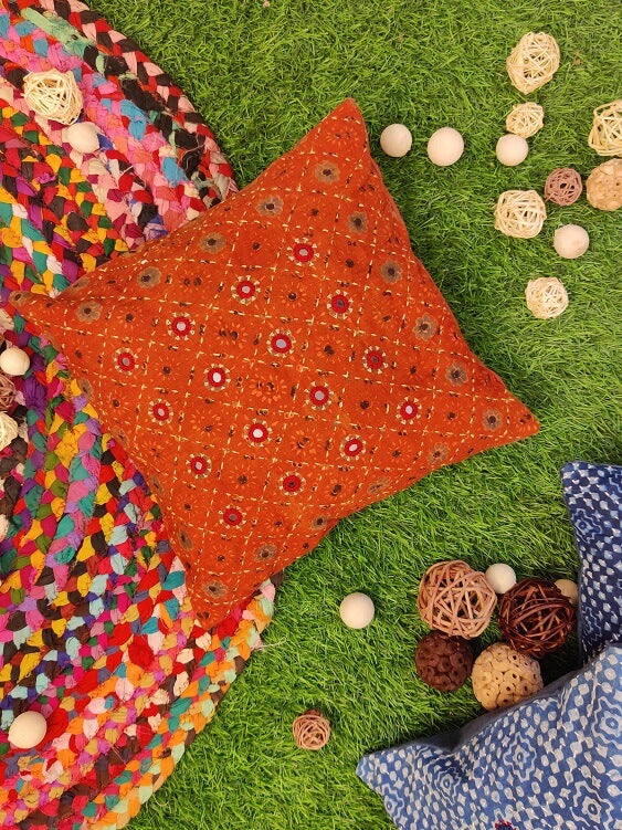 12x12 Red Ajrakh Hand Embroidered Cushion Cover