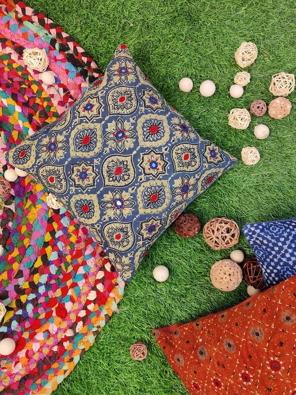 12x12 Indigo Green Ajrakh Hand Embroidered Cushion Cover