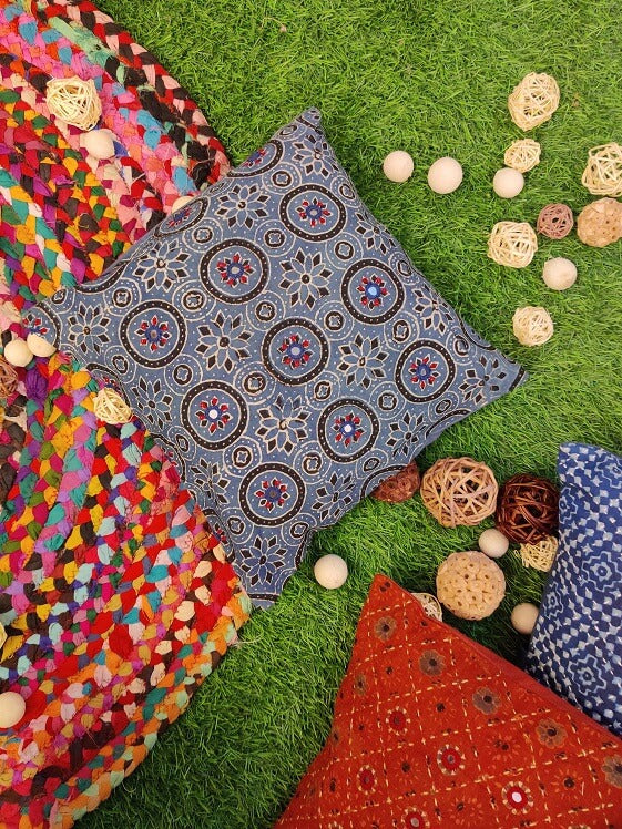 12x12 Indigo Black Ajrakh Hand Embroidered Cushion Cover