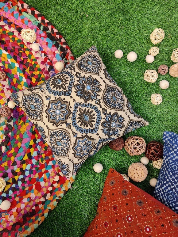 12x12 White Ajrakh Hand Embroidered Cushion Cover