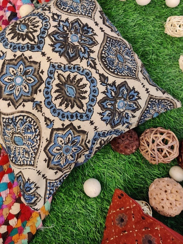 12x12 White Ajrakh Hand Embroidered Cushion Cover