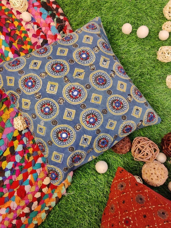 12x12 Indigo Green Hand Embroidered Cushion Cover