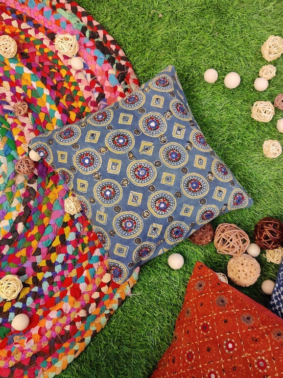 12x12 Indigo Green Hand Embroidered Cushion Cover
