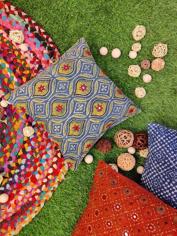 12x12 Blue Green Hand Embroidered Cushion Cover