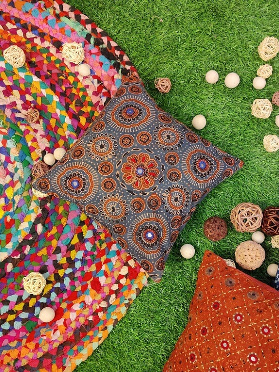 12x12 Indigo Red Ajrakh Hand Embroidered Cushion Cover