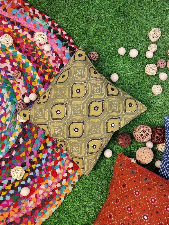 12x12 Kashish Yellow Ajrakh Hand Embroidered Cushion Cover