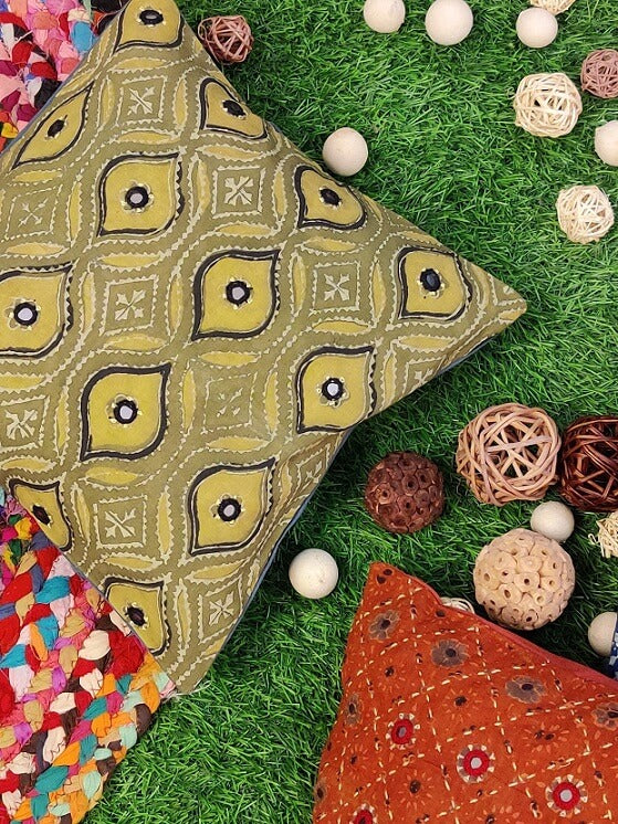 12x12 Kashish Yellow Ajrakh Hand Embroidered Cushion Cover