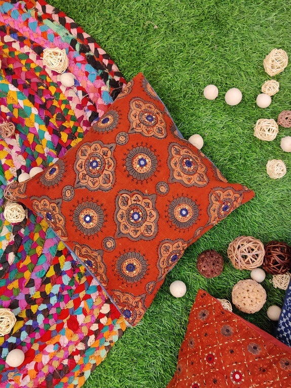 12x12 Red Ajrakh Hand Embroidered Cushion Cover