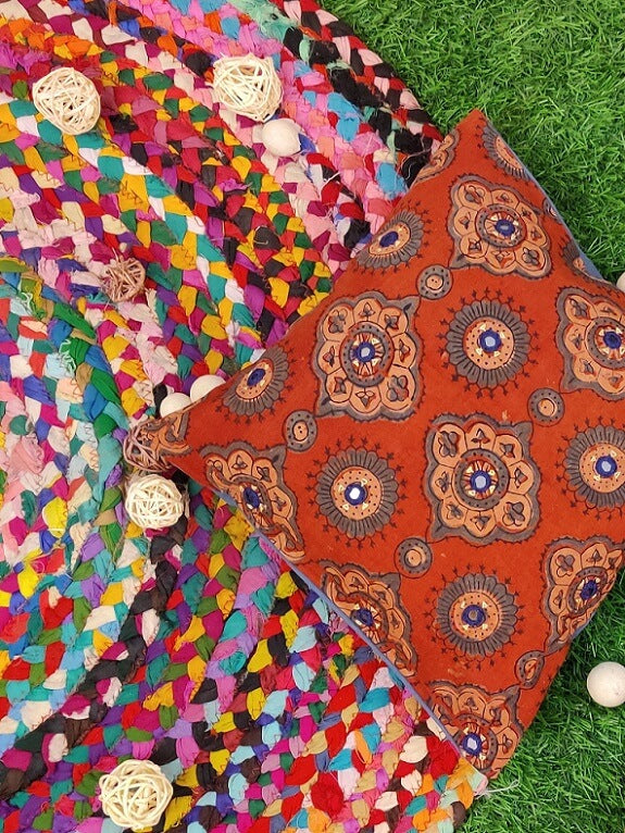 12x12 Red Ajrakh Hand Embroidered Cushion Cover
