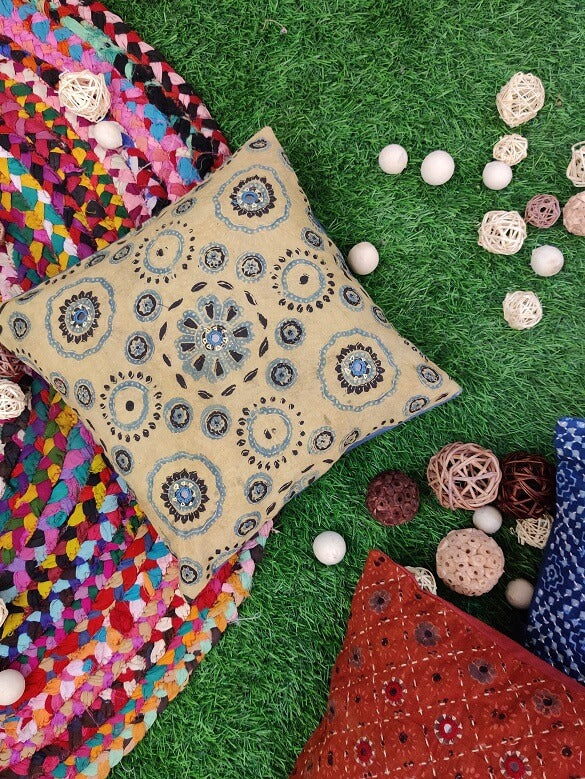 12x12 Kashish Blue Ajrakh Hand Embroidered Cushion Cover