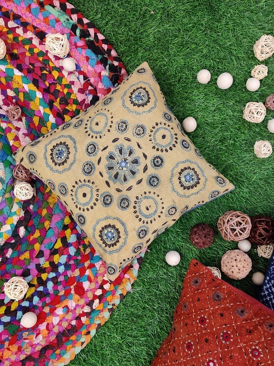 12x12 Kashish Blue Ajrakh Hand Embroidered Cushion Cover