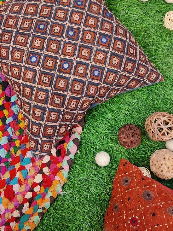 12x12 Indigo Ajrakh Hand Embroidered Cushion Cover