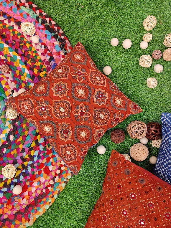 12x12 Red Ajrakh Hand Embroidered Cushion Cover