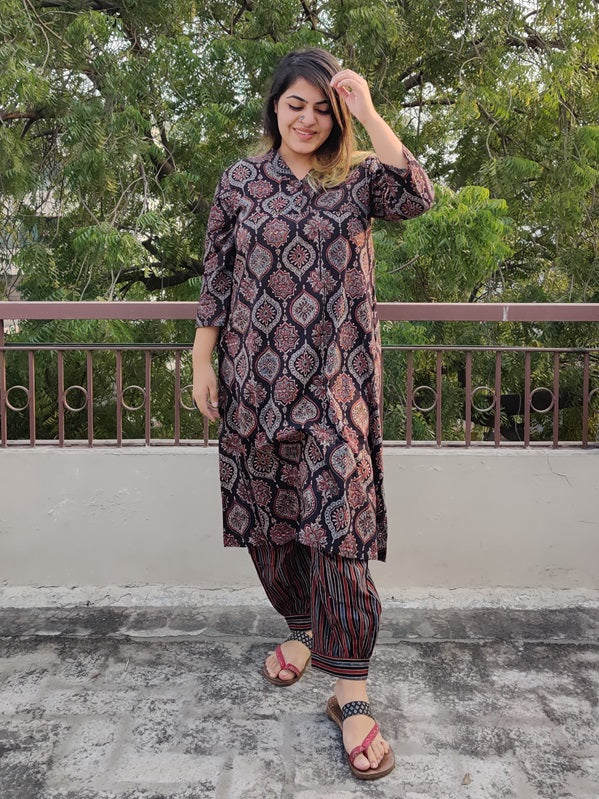 Charcoal Ajrakh Cotton Kurta Set
