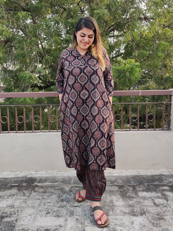 Charcoal Ajrakh Cotton Kurta Set