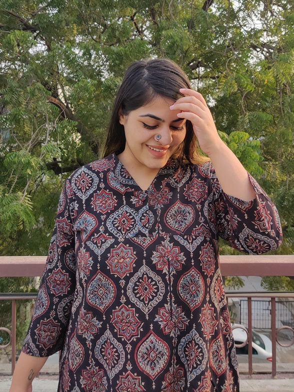 Charcoal Ajrakh Cotton Kurta Set
