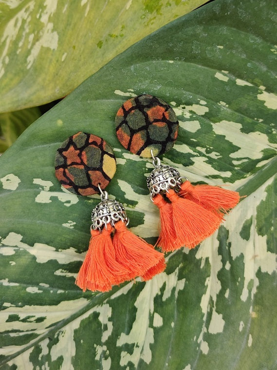 Orange Tassel with Ajrakh Stud Earrings