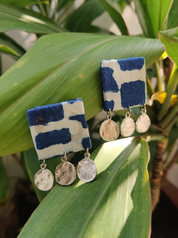 Indigo Square Hand Block Printed Fabric Earrings