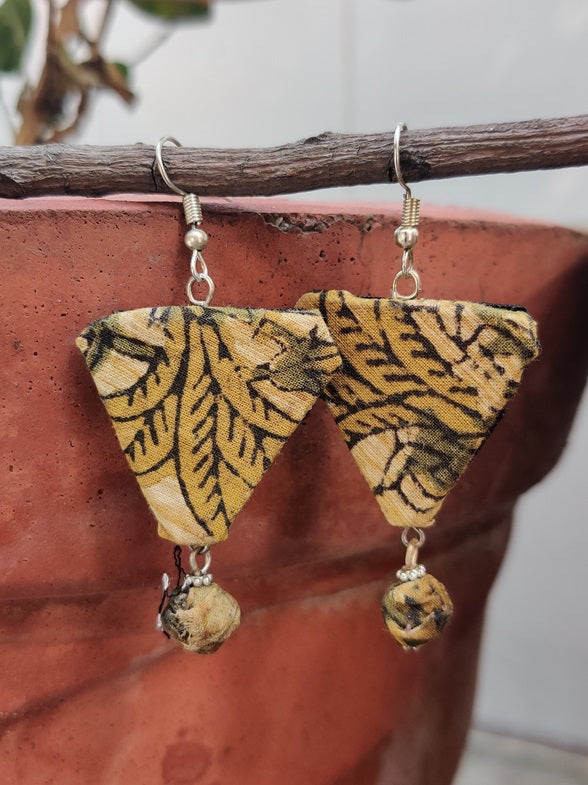 Olive Green Hand Block Printed Triangle Earrings