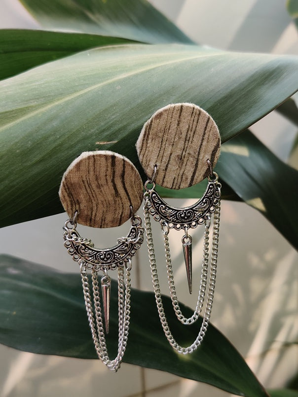 Round Handblock Printed Fabric Earring with Chain