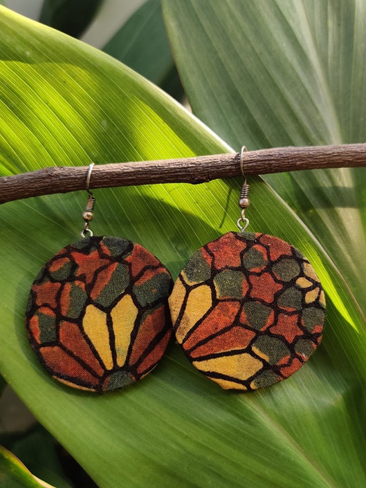 Green Orange Ajrakh Circle Earrings