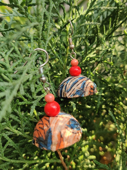 Orange Hand Block Printed Fabric Earrings