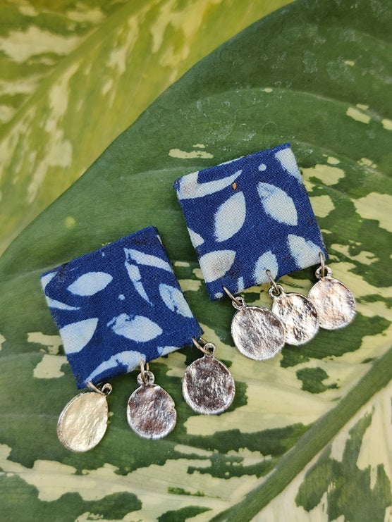 Indigo Square Hand Block Printed Fabric Earrings