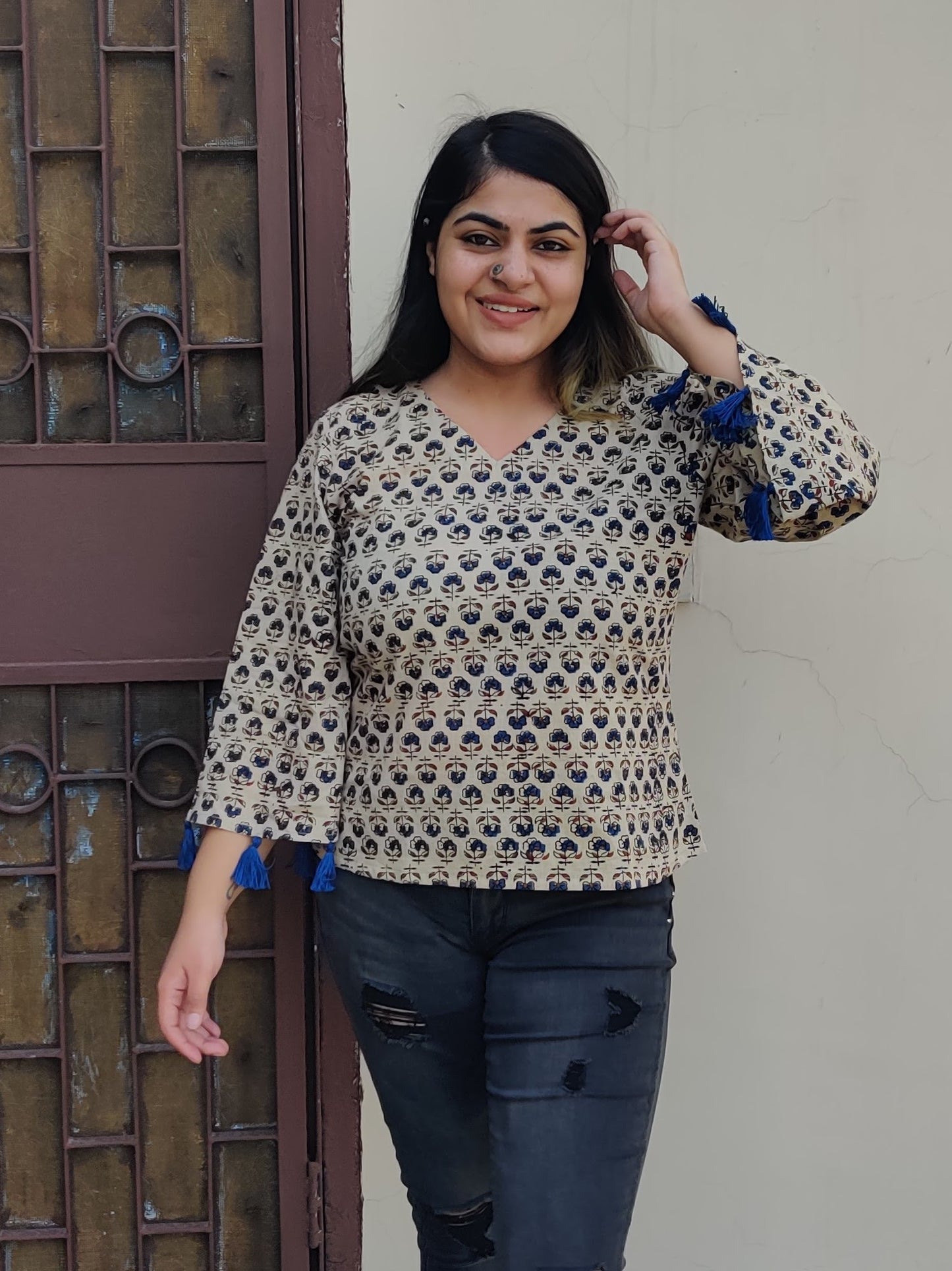Blueberry Cheesecake Ajrakh Bell Sleeves Top with Tassels