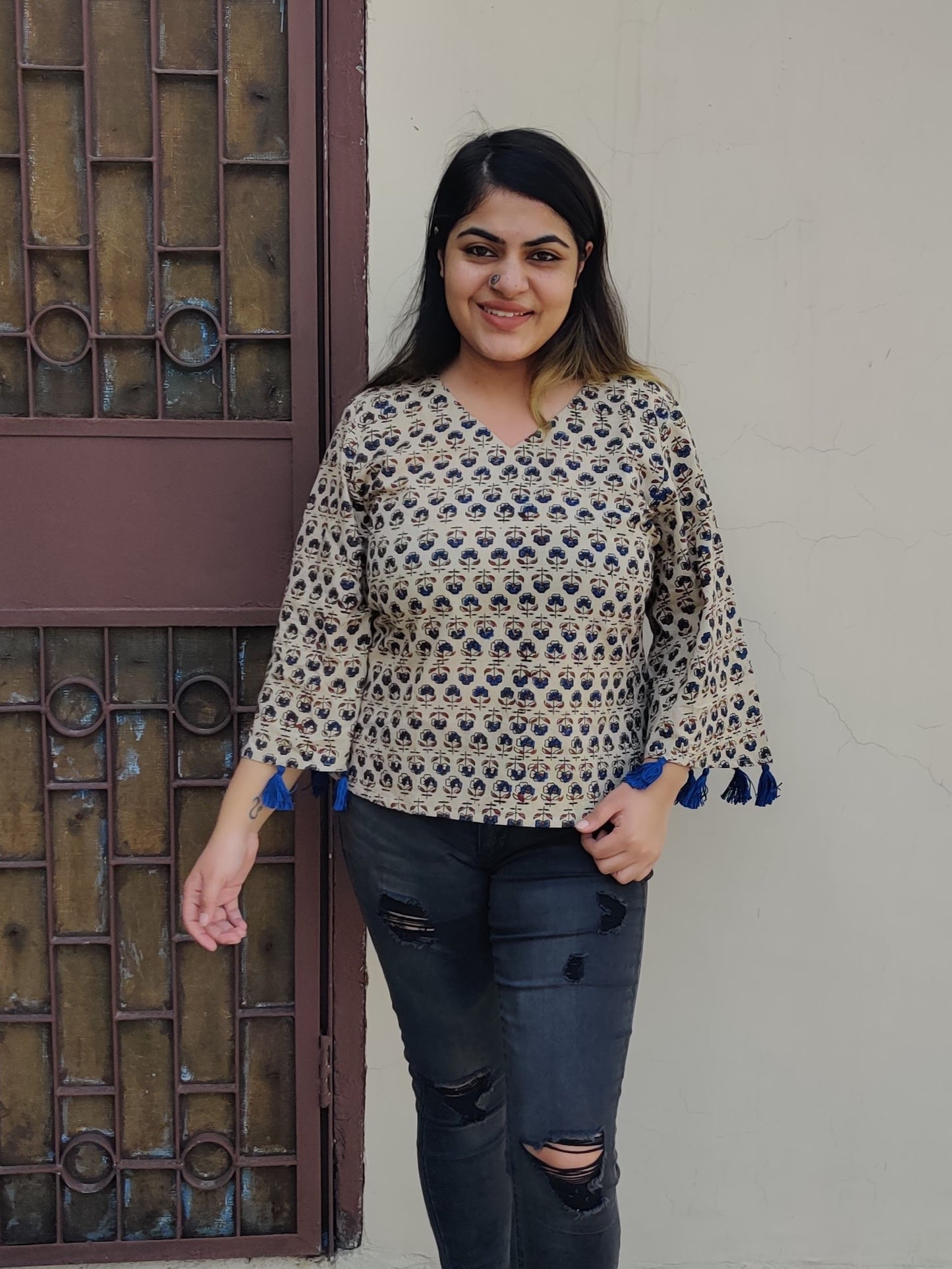Blueberry Cheesecake Ajrakh Bell Sleeves Top with Tassels