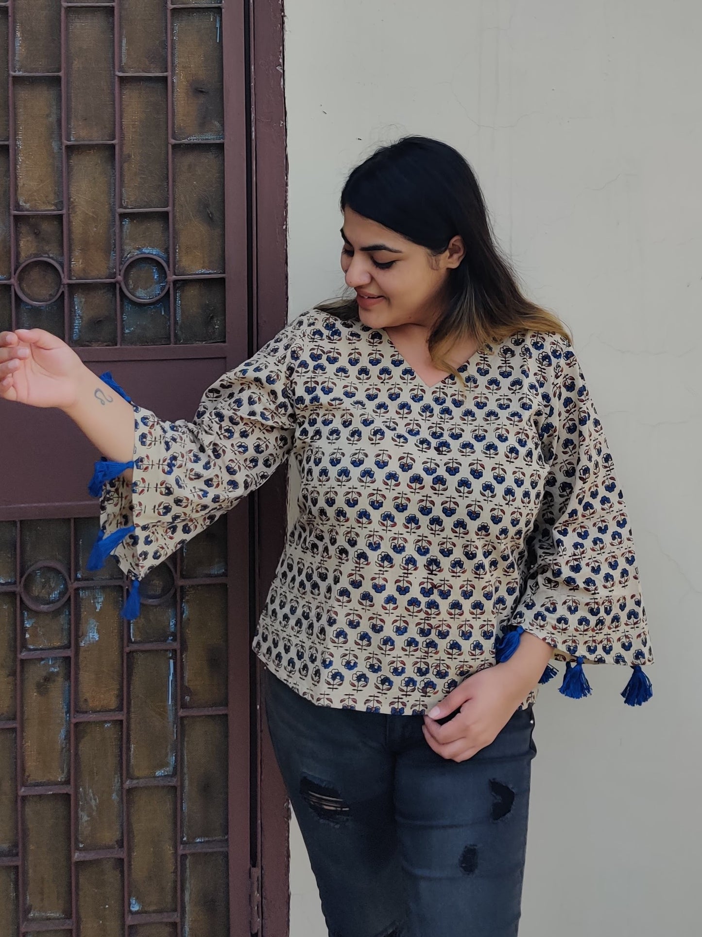 Blueberry Cheesecake Ajrakh Bell Sleeves Top with Tassels