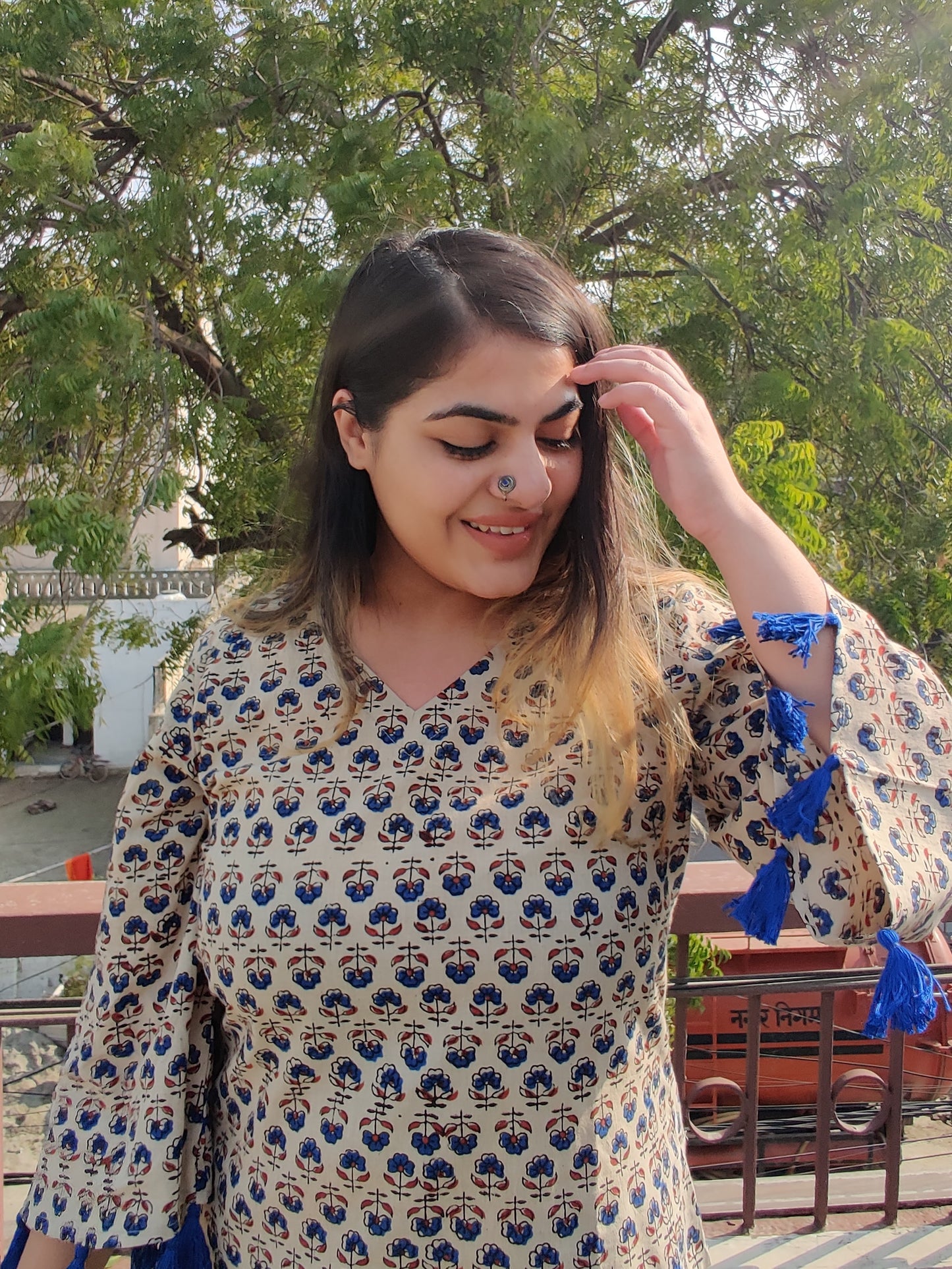 Blueberry Cheesecake Ajrakh Bell Sleeves Top with Tassels
