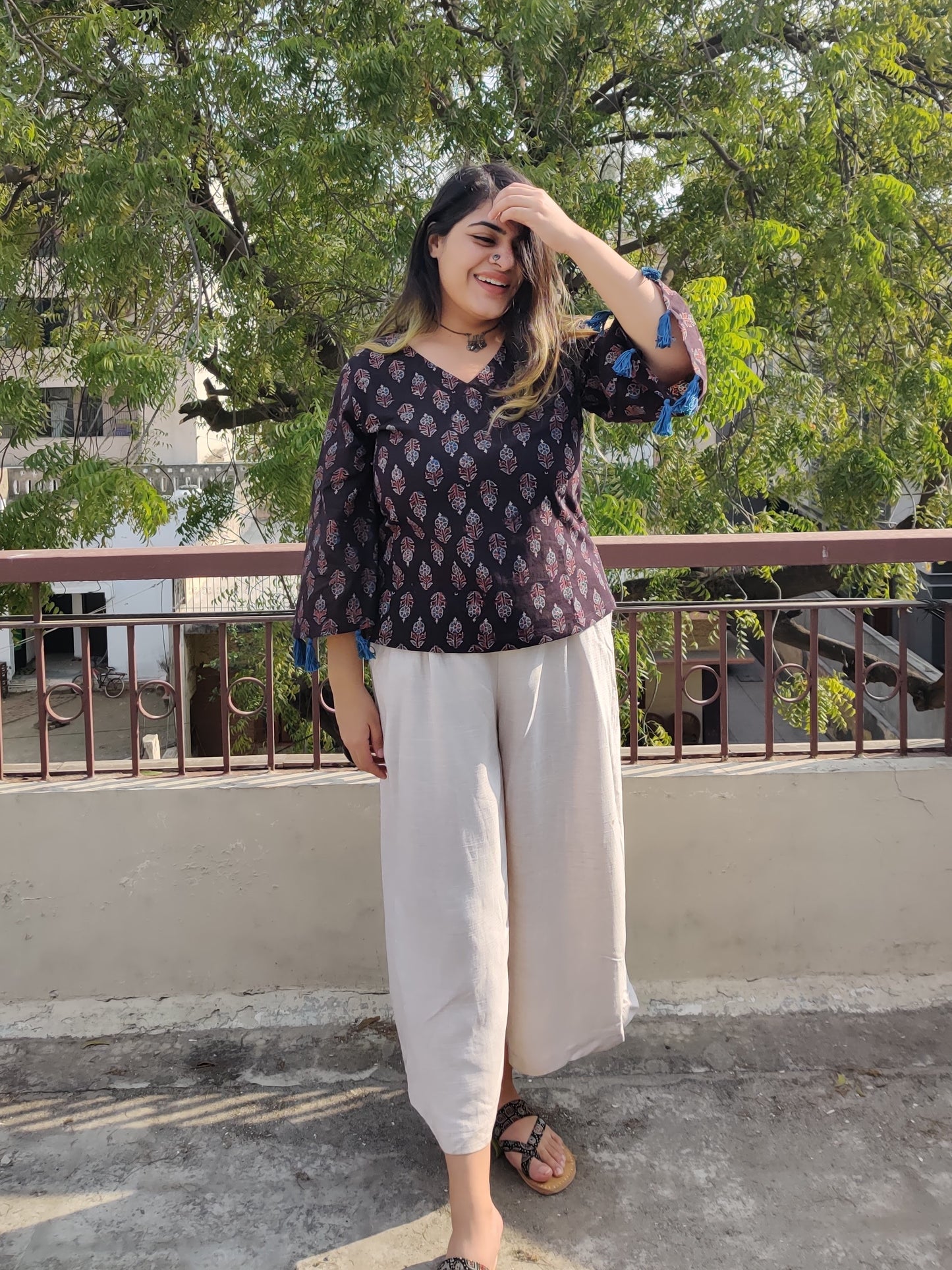 Kaala Khatta Ajrakh Bell Sleeves Top with Tassels