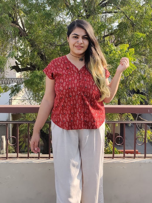 Red Velvet Ajrakh Mega Sleeves Shirt