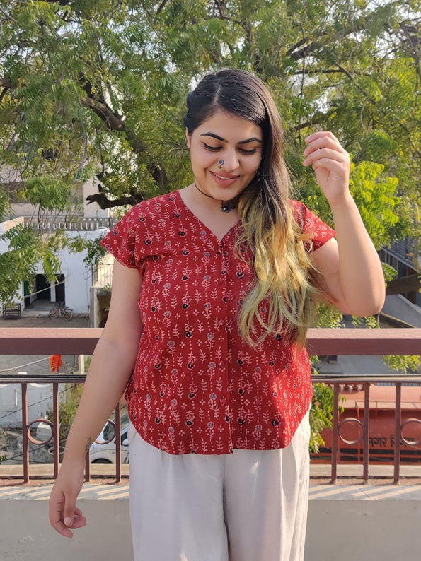 Red Velvet Ajrakh Mega Sleeves Shirt