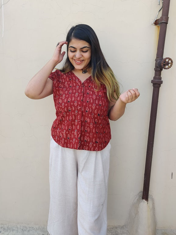 Red Velvet Ajrakh Mega Sleeves Shirt