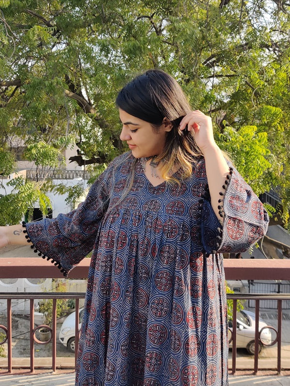 Bluebells Ajrakh Comfort Fit Flared Dress with Pompoms