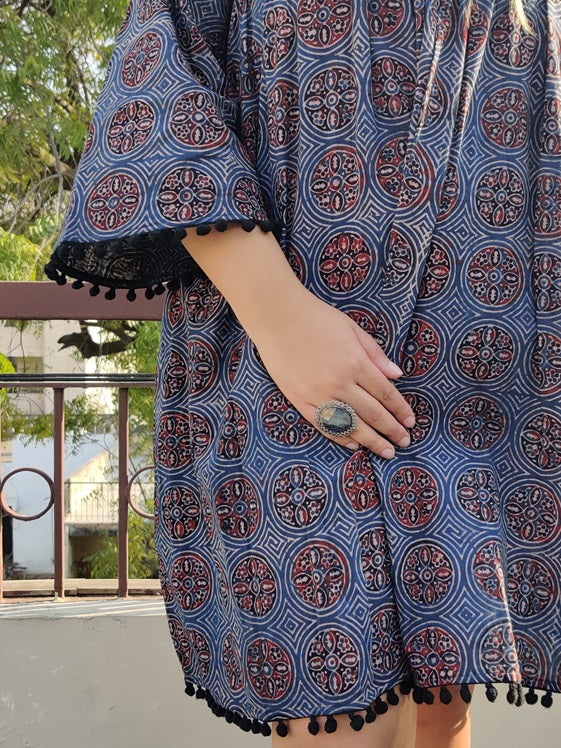 Bluebells Ajrakh Comfort Fit Flared Dress with Pompoms