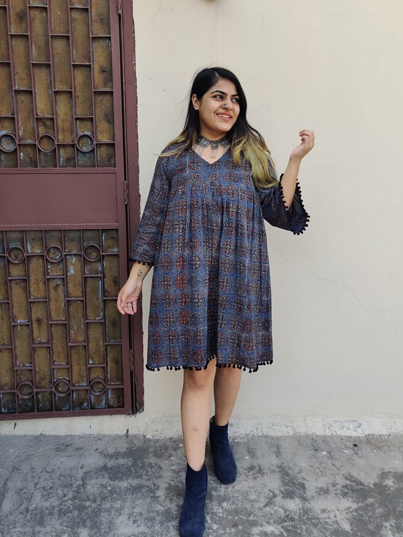 Bluebells Ajrakh Comfort Fit Flared Dress with Pompoms