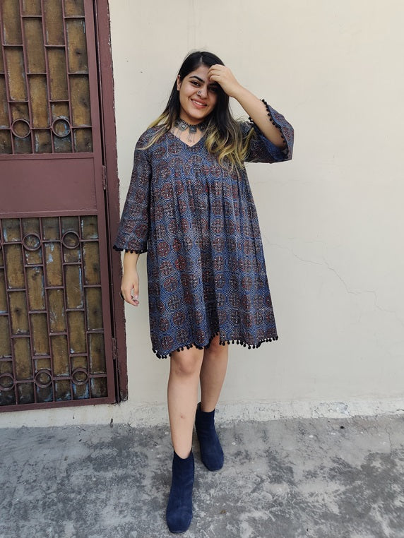 Bluebells Ajrakh Comfort Fit Flared Dress with Pompoms