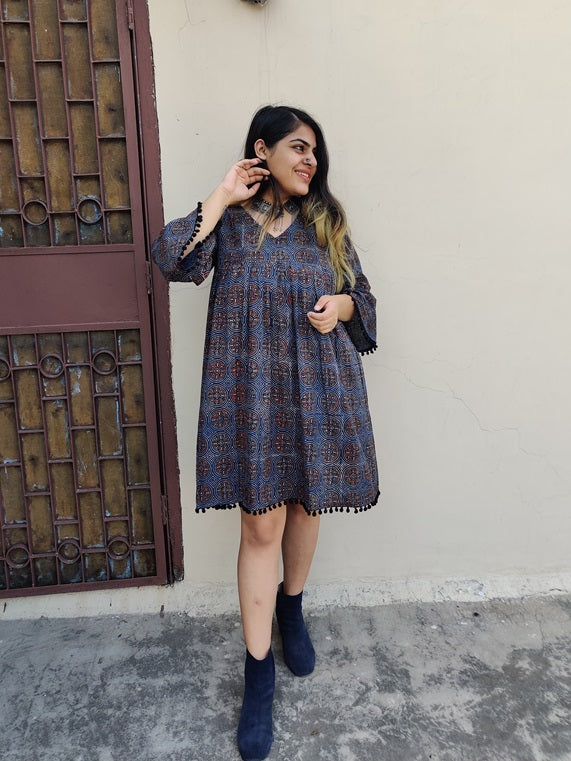 Bluebells Ajrakh Comfort Fit Flared Dress with Pompoms