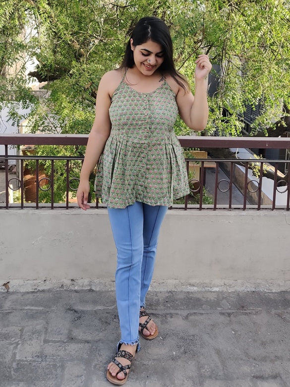 Elaichi Hand Block Printed Cross Back Spaghetti Peplum Top