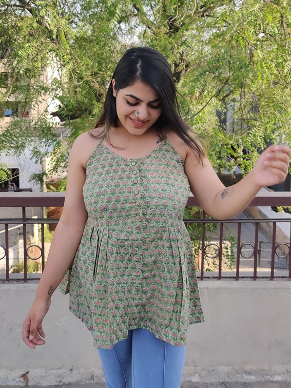 Elaichi Hand Block Printed Cross Back Spaghetti Peplum Top