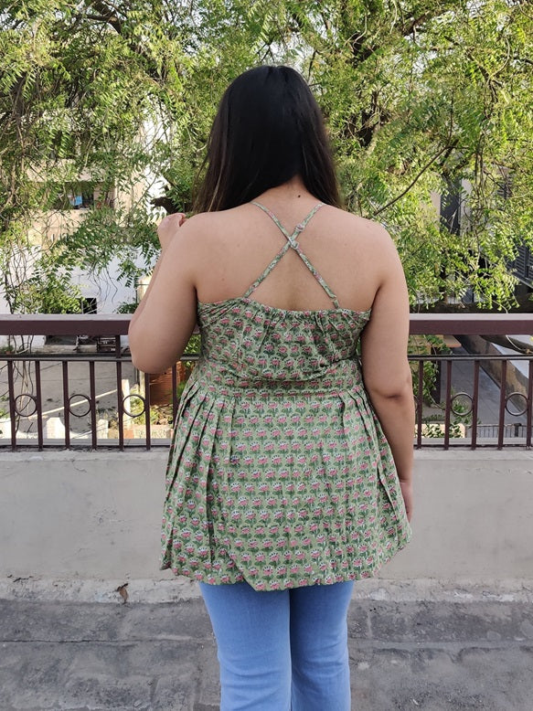 Elaichi Hand Block Printed Cross Back Spaghetti Peplum Top